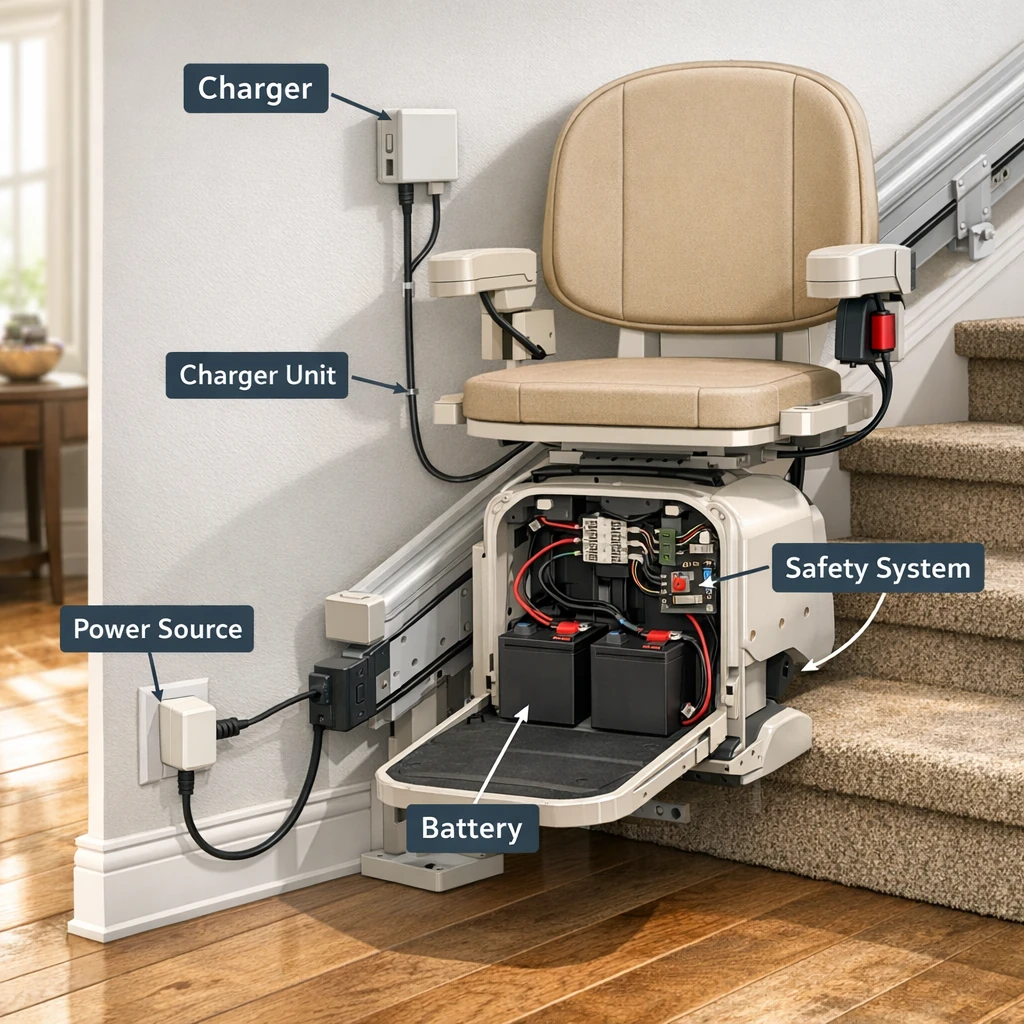 how stair lift installation works showing rail and chair setup on staircase in a residential home